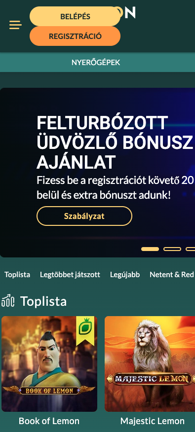 Képernyőkép a Lemon Casino felületéről, bejelentkezési és regisztrációs mezőkkel