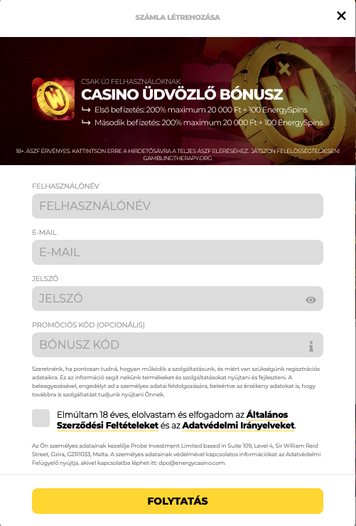 Energy Casino regisztráció